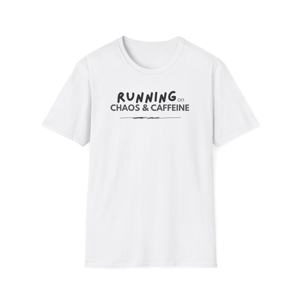 Running on Chaos & Caffeine T-Shirt | Typography Coffee Humor Tee