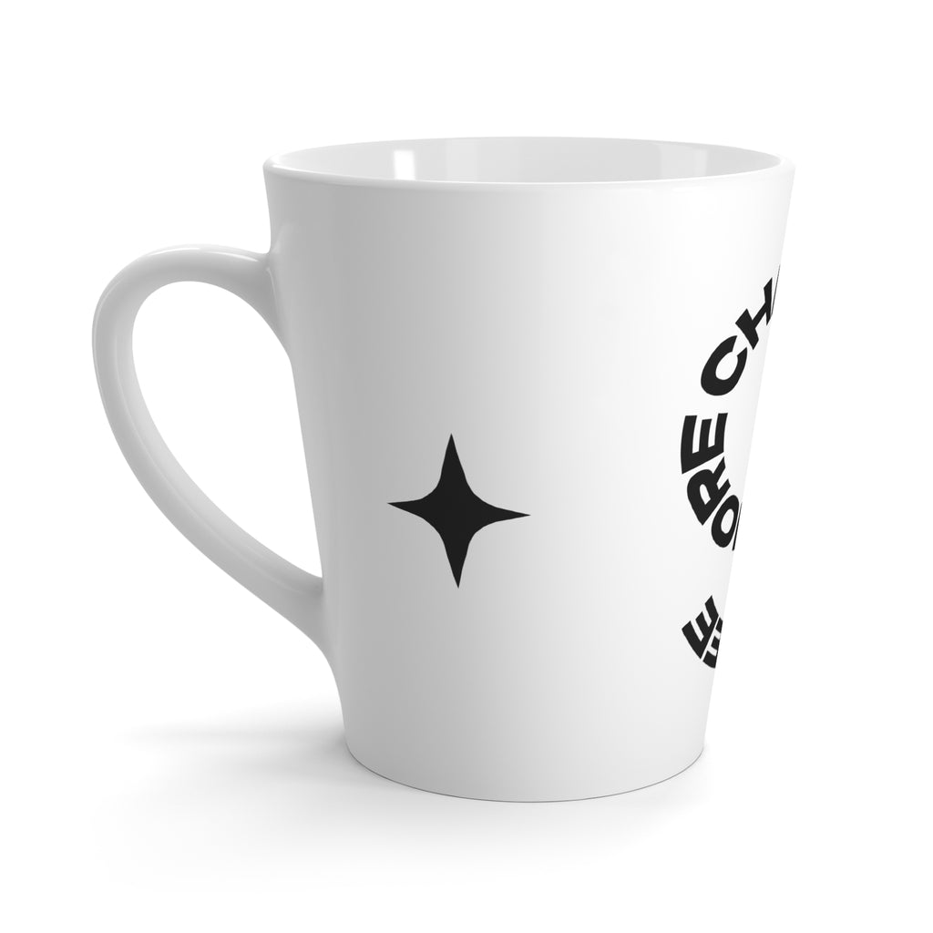 More Chaos More Coffee latte mug | black swirl text, minimalist star design