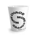 More Chaos More Coffee latte mug | black swirl text, minimalist star design