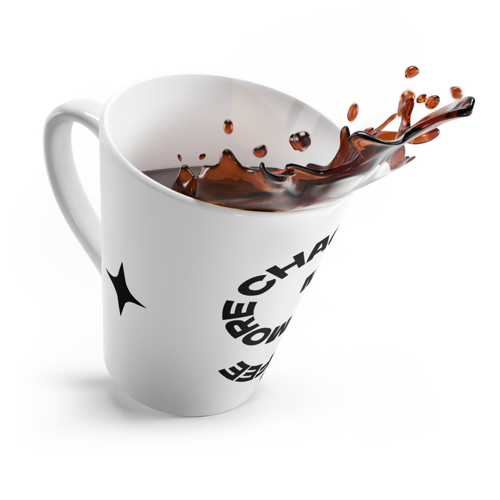 More Chaos More Coffee latte mug | black swirl text, minimalist star design