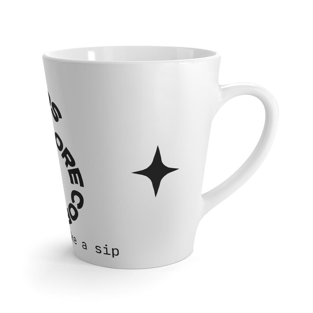 More Chaos More Coffee latte mug | black swirl text, minimalist star design