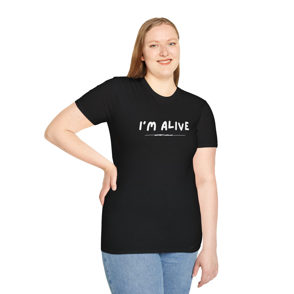 I'm Alive text shirt | T-Shirt, minimal script design, mental health awareness